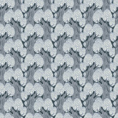 Eski yaprak döken ağaçlarla kusursuz desen. Yoğun ormanlı vektör arkaplan düz çizgi film tarzında. Şık ağaçlar, yemyeşil yapraklar ve kalın gövdeler..