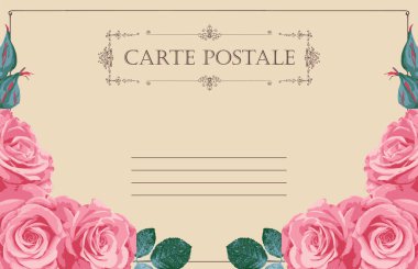Eski tarz bir kartpostal arkaplanı, yazı, pembe güller ve kıvrımlı çerçeve. Festivalsel tasarımlı romantik tebrik kartı, davetiye, fiyat etiketi veya etiket