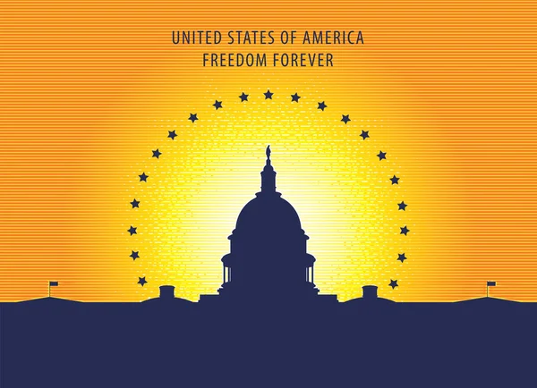 프리덤 Freedom 이라는 단어와 워싱턴 국회의 건물의 이미지가 새겨진 깃발이나 — 스톡 벡터
