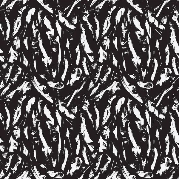 Abstracte Naadloze Patroon Met Chaotische Verspreid Zwart Wit Veren Monochrome — Stockvector