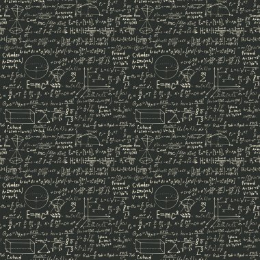 Geometrik şekiller, el yazması formüller, çeşitli denklemler ve grafikler ile soyut matematiksel kusursuz desen. Matematik arka planını tekrarlayan tek renkli vektör. Okulun tahtasına tebeşir çiziyorum.