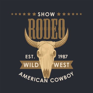 Cowboy Rodeo gösterisi için pankart. Boğa kafatasıyla vektör illüstrasyonu ve eski tarzda harfler. Poster, etiket, broşür, davetiye, tişört tasarımı için uygun