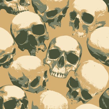 İnsan kafatasları ile kusursuz desen. Geriye dönük gülümseyen kafatasları olan uğursuz bir arka plan. Giysiler, kumaş, duvar kağıdı, ambalaj kağıdı için grafiksel baskı