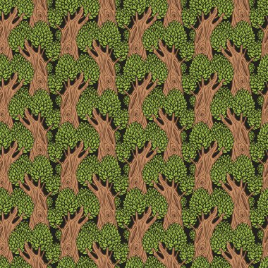 Eski yaprak döken ağaçlarla kusursuz desen. Yoğun ormanlı vektör arkaplan düz çizgi film tarzında. Şık ağaçlar, yemyeşil yapraklar ve kalın gövdeler..