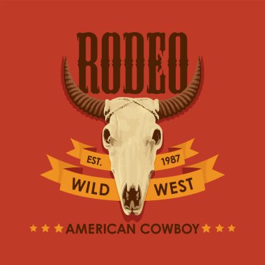Cowboy Rodeo gösterisi için pankart. Boğa kafatasıyla vektör illüstrasyonu ve eski tarzda harfler. Poster, etiket, broşür, davetiye, tişört tasarımı için uygun