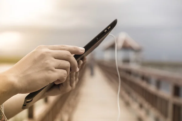 Young Woman Happy Using A Tablet Phone Outdoors — Stock Photo, Image