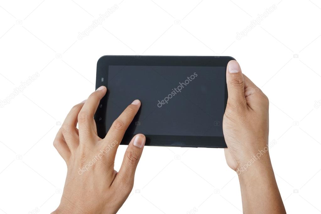 Hands holding a tablet touch pad computer gadget