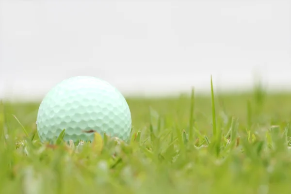 Bola de golfe branco na grama verde lado esquerdo fundo — Fotografia de Stock