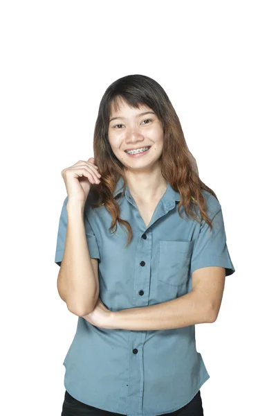 Confident Asian business woman, closeup portrait on white backgr — Stock Photo, Image