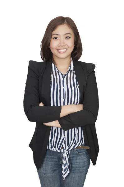 Confident Asian business woman, closeup portrait on white backgr — Stock Photo, Image