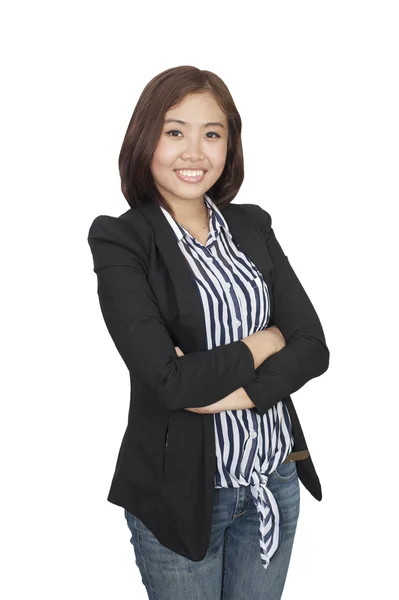 Confident Asian business woman, closeup portrait on white backgr — Stock Photo, Image