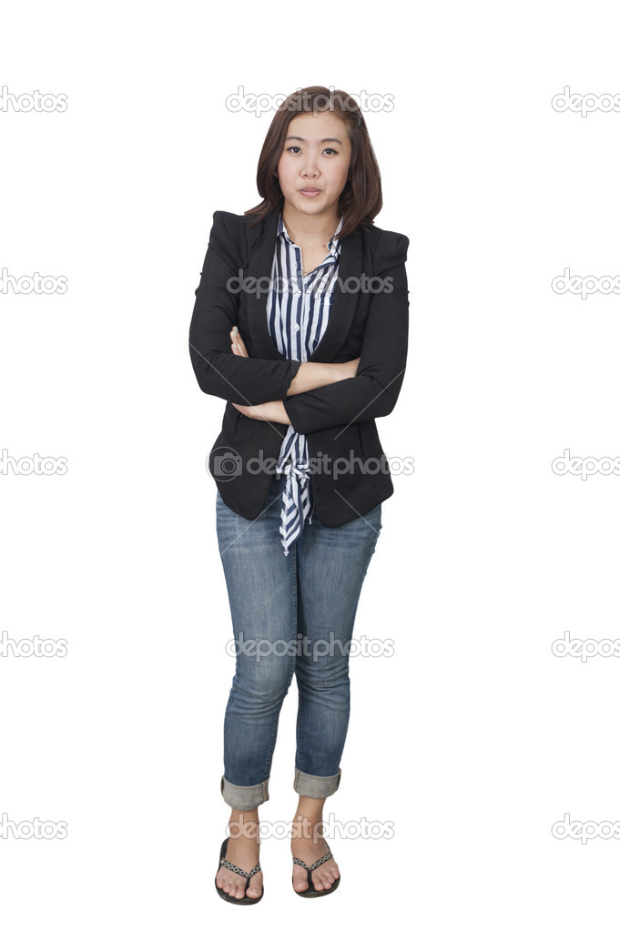 Confident Asian business woman, closeup portrait on white backgr
