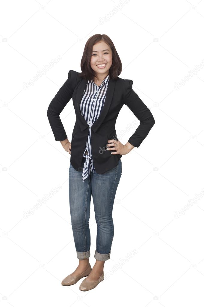 Confident Asian business woman, closeup portrait on white backgr