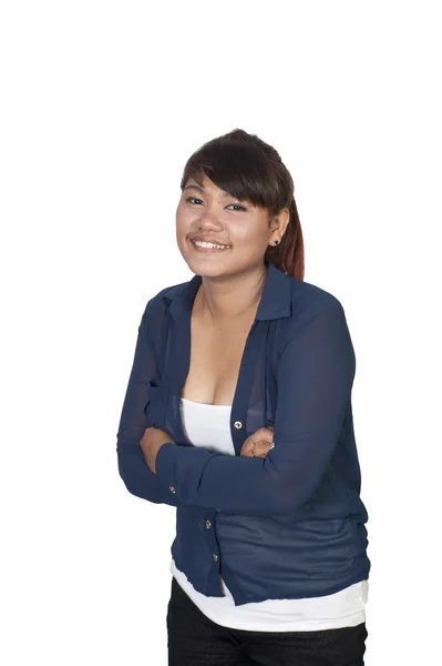 Confident Asian business woman, closeup portrait on white backgr — Stock Photo, Image