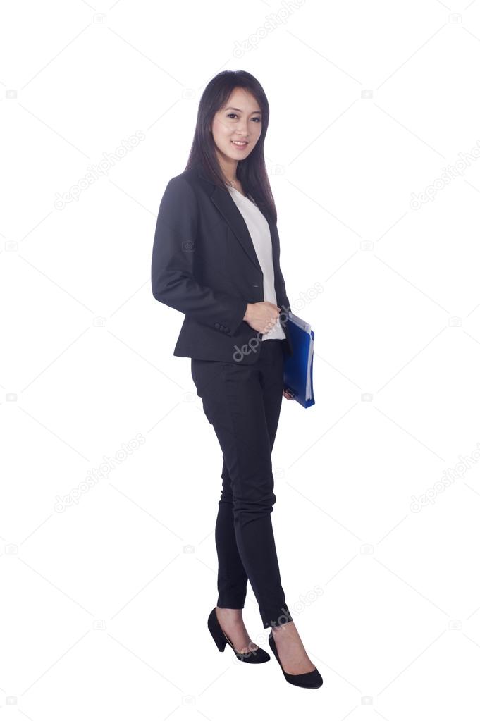 Confident Asian business woman, closeup portrait on white background.