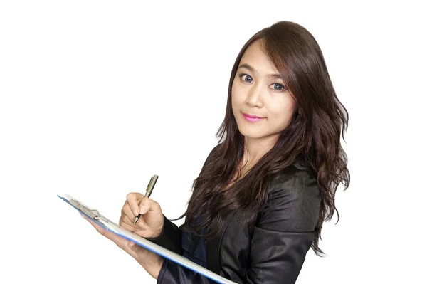 Mulher de negócios asiática confiante, close-up retrato no branco backgr — Fotografia de Stock