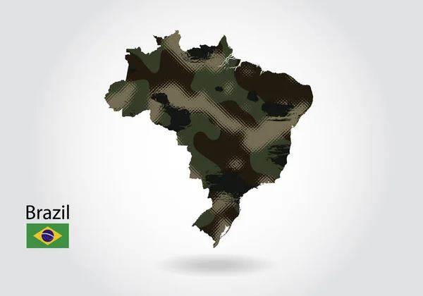 地図上のカモフラージュパターン 緑のテクスチャとブラジル地図 戦争のための軍事概念 腕のコート旗 — ストックベクタ