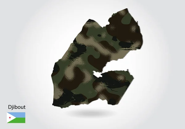 迷彩柄のDjioutマップ 地図の中で緑のテクスチャ 戦争のための軍事概念 腕のコート旗 — ストックベクタ