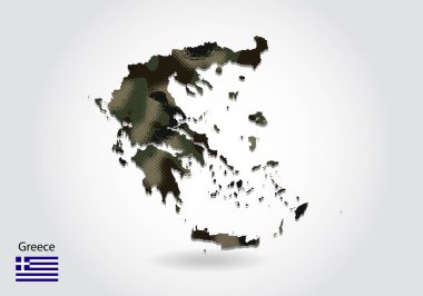 Kamuflaj desenli Yunan haritası, Orman - haritada yeşil doku. Ordu, asker ve savaş için askeri bir kavram. arma, bayrak.