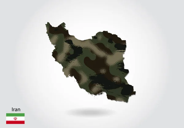 迷彩パターン 森林とイラン地図 地図の中で緑のテクスチャ 戦争のための軍事概念 腕のコート旗 — ストックベクタ