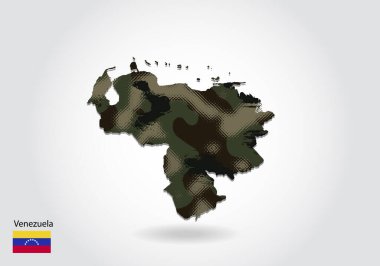 Kamuflaj desenli Venezuela haritası, Orman - haritada yeşil doku. Ordu, asker ve savaş için askeri bir kavram. arma, bayrak.