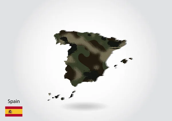 Spanje Kaart Met Camouflage Patroon Bos Groene Textuur Kaart Militair — Stockvector