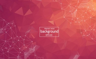 Soyut Pembe Kırmızı çokgen zemin. Nokta ve çizgiyi birbirine bağlayan düşük polimetik ağ dizaynı. Bağlantı üçgeni yapısı. Vektör geometri fütüristik dekorasyonu. Tebrik kartı.