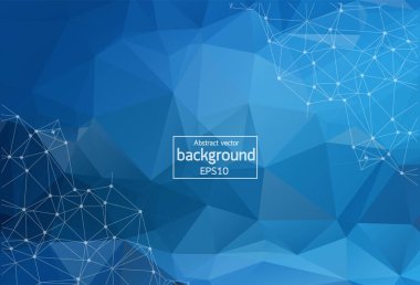 Soyut Koyu Mavi çokgen yüzey arkaplanı. Nokta ve çizgiyi birbirine bağlayan düşük polimetik ağ dizaynı. Bağlantı üçgeni yapısı. Vektör geometri fütüristik dekorasyonu. Tebrik kartı.