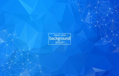 Soyut Koyu Mavi çokgen yüzey arkaplanı. Nokta ve çizgiyi birbirine bağlayan düşük polimetik ağ dizaynı. Bağlantı üçgeni yapısı. Vektör geometri fütüristik dekorasyonu. Tebrik kartı.