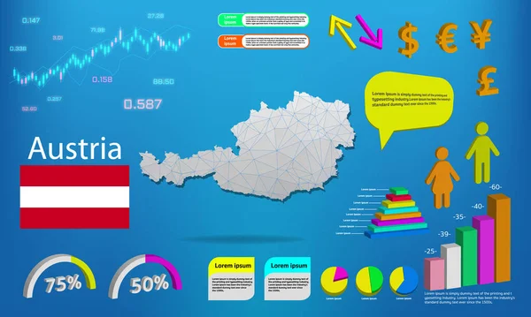 Austria harita bilgi grafikleri - grafikler, semboller, ögeler ve simgeler koleksiyonu. Yüksek kaliteli ticari bilgi elemanlarına sahip ayrıntılı Avusturya haritası.