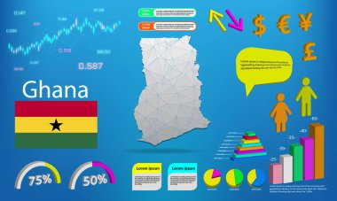 Gana harita bilgi grafikleri - grafikler, semboller, elementler ve simgeler koleksiyonu. Yüksek kaliteli ticari bilgi elemanlarına sahip ayrıntılı ghana haritası.
