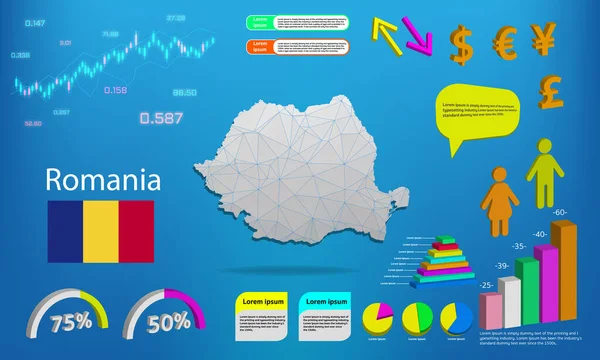 Romanya harita bilgi grafikleri - tablolar, semboller, ögeler ve simgeler koleksiyonu. Yüksek kaliteli ticari bilgi elemanlarıyla ayrıntılı Romanya haritası.