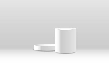 Temel podyum modeli. Gerçekçi beyaz silindir kaide seti olan soyut beyaz 3D vektör odası. Ürün sunumu için en küçük sahne. Vektör geometrik platform. Gösteri için sahne.