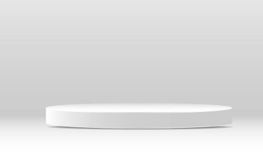Temel podyum modeli. Gerçekçi beyaz silindir kaide seti olan soyut beyaz 3D vektör odası. Ürün sunumu için en küçük sahne. Vektör geometrik platform. Gösteri için sahne.