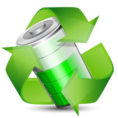 Battery with recycle symbol - renewable energy concept. Vector i clipart