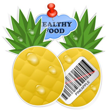 Pineapple icon with barcode and healthy food sticker. Vector ill clipart