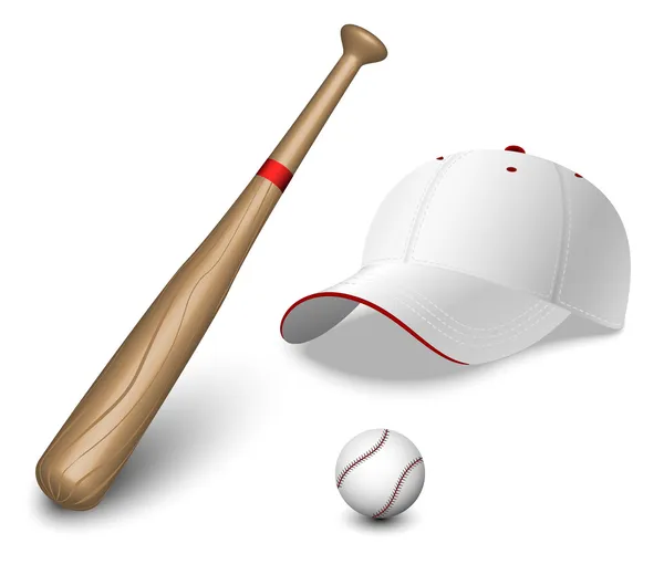 Un juego de bate de béisbol, pelota y gorras — Vector de stock