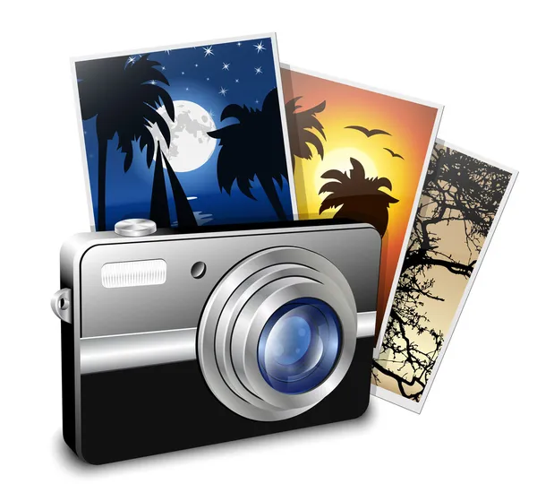 Compact photo camera and photos. Vector illustration — Stock Vector