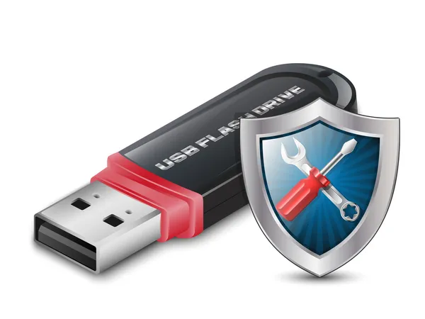Icona di recupero dati - Chiavetta USB con scudo. Vettore — Vettoriale Stock