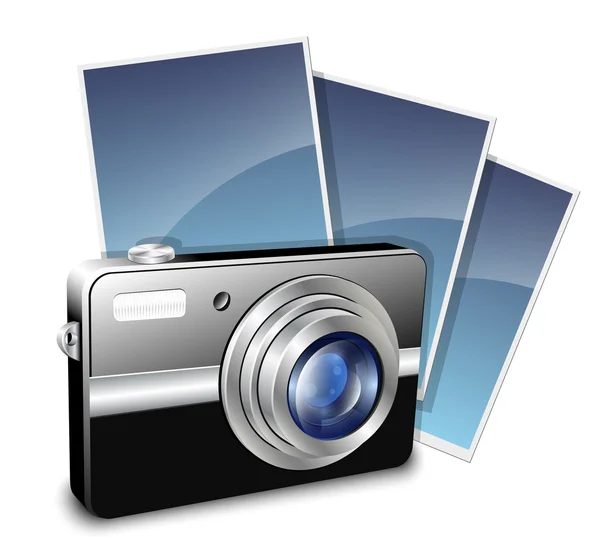 Cámara fotográfica digital compacta y fotos. Ilustración vectorial — Vector de stock