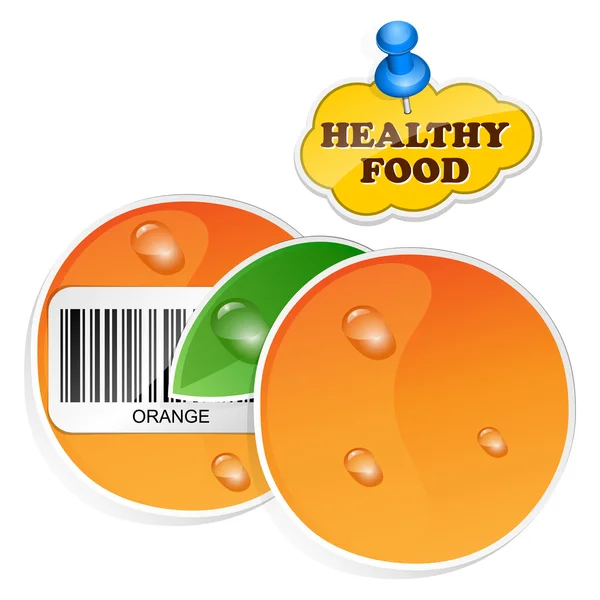 Orange ikon med streckkod och hälsosam mat klistermärke. vektor illust — Stock vektor