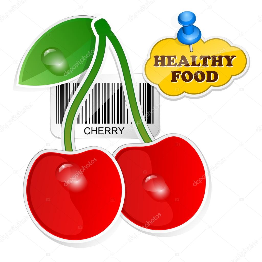 Cherry icon with barcode by healthy food. Vector illustration