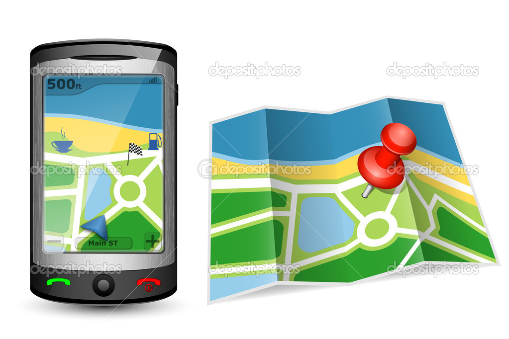 Paper map and GPS device. Vector illustration