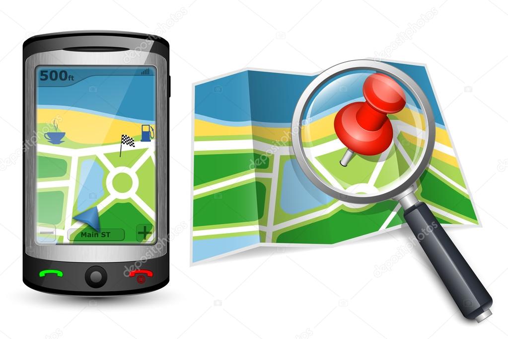 Paper map with magnifying glass and GPS. Vector illustration