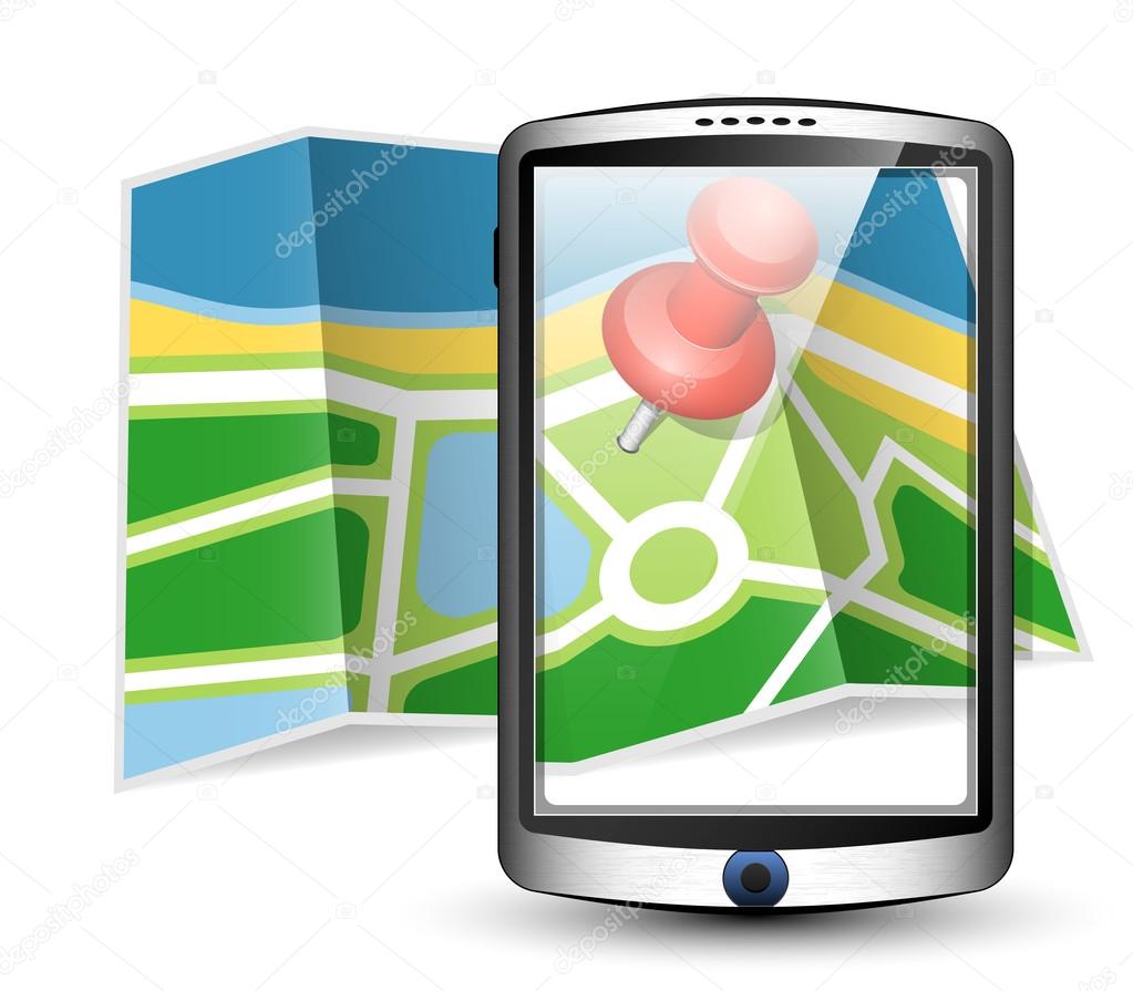 Tablet with paper map on the screen. Vector illustration