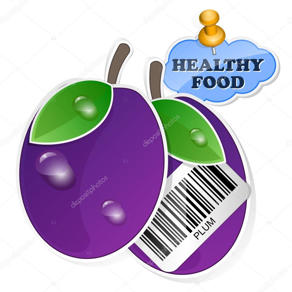 Plum icon with barcode by healthy food. Vector illustration