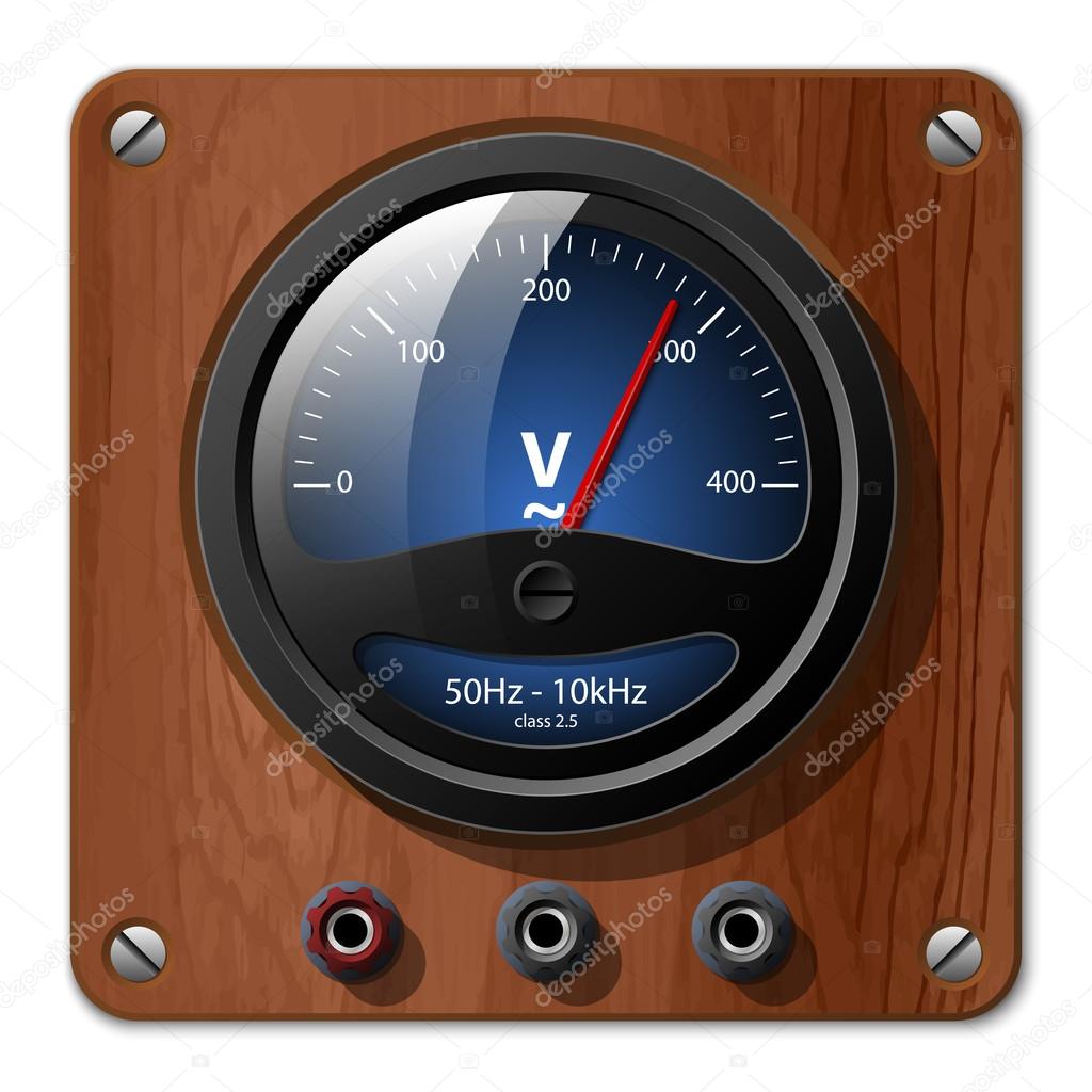 Vector voltmeter icon on a wooden plate