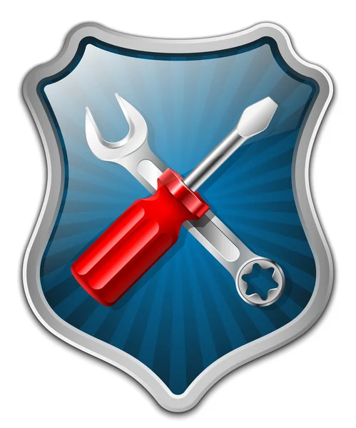 Icono de servicio vectorial - escudo con destornillador y llave inglesa — Vector de stock