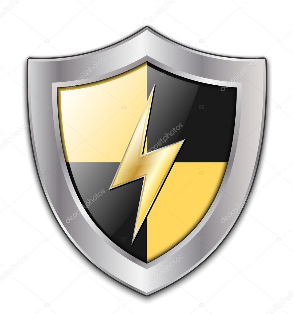 Vector Protection Icon - Glossy Black and Yellow Shield with Lig