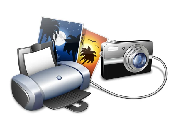 Digital camera connected to a color inkjet printer and printed photos. Vector illustration — Stock Vector